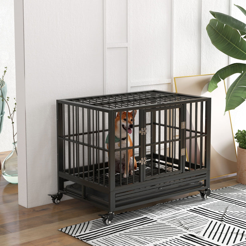 Pawhut - 36" Heavy Duty Dog Crate Metal Cage Kennel With Lockable Wheels, Double Door And Removable Tray - Gray