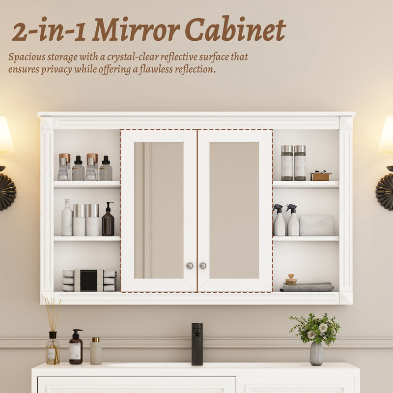 Wall-Mounted Mirror Cabinet With Adjustable Shelf And Open Shelves