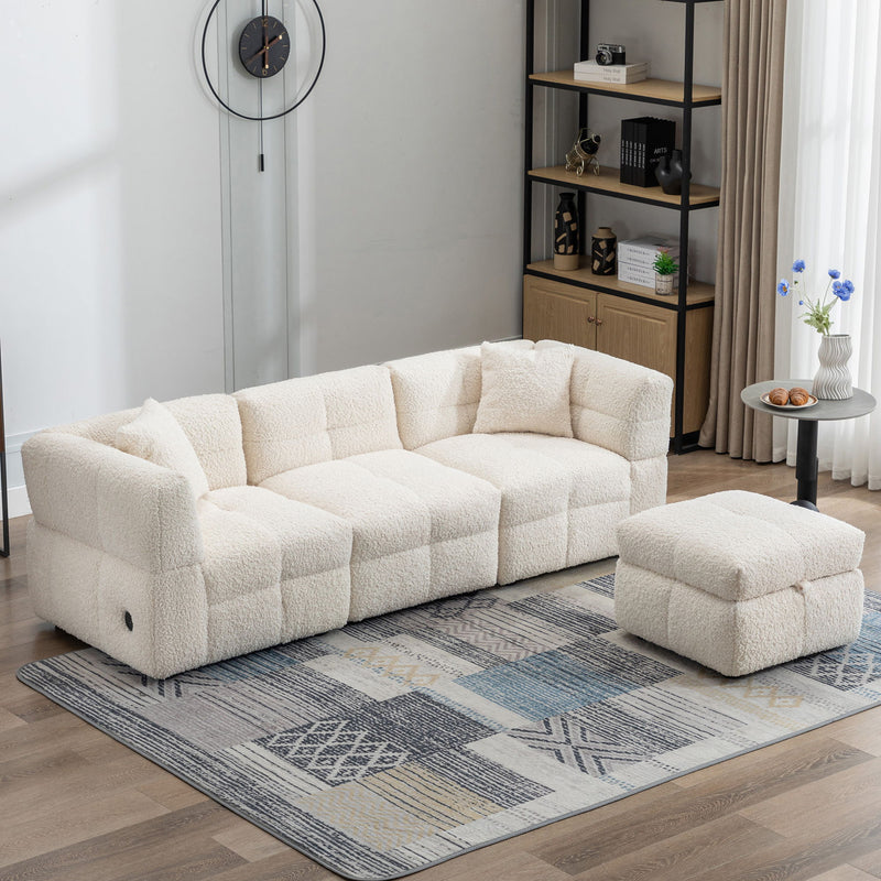 Sectional Sofa Cozy Teddy Fleece Sectional Sofa Couch With Two USB Ports A Movable Storage Ottoman And Two Lumbar Pillows For Living Room