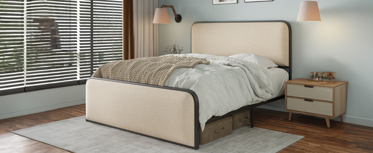 Modern Metal Bed Frame with Curved Upholstered Headboard and Footboard Bed with Under Bed Storage, Heavy Duty Metal Slats, Full Size, Beige - Atlantic Fine Furniture Melbourne FL