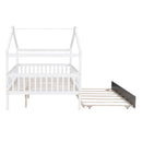 Full Size Wooden House Bed with Twin Size Trundle, White
