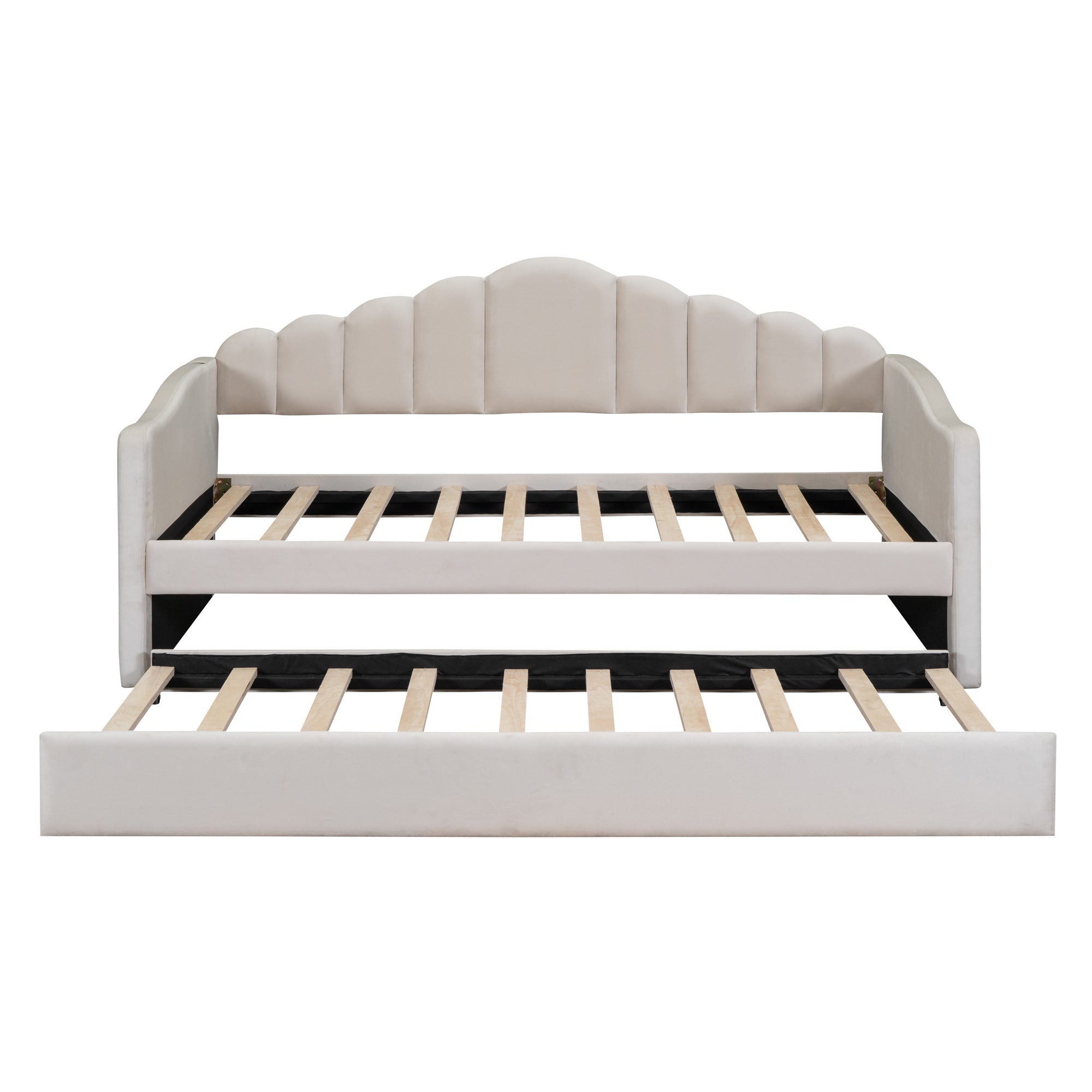 Twin size Upholstered Daybed with Trundle ,Velvet Sofabed with USB Charging Ports,No Box-spring Needed,Beige - Atlantic Fine Furniture Melbourne FL