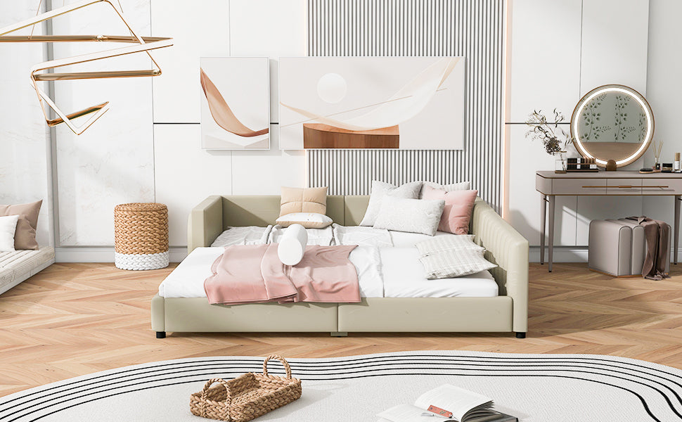 Queen Size & Twin XL Size Upholstered Platform Bed, Mother & Child Bed, PU Leather, Beige - Atlantic Fine Furniture Melbourne FL