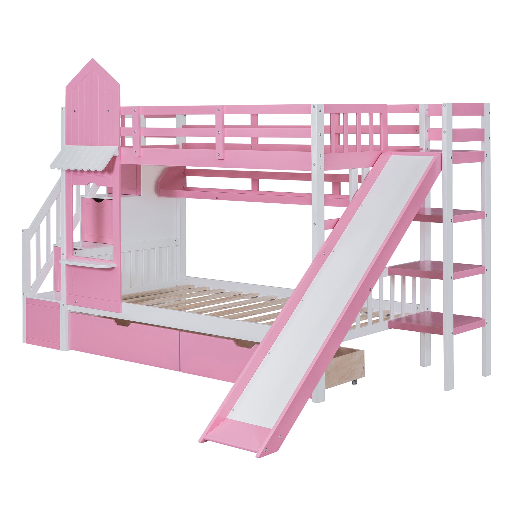Twin-Over-Twin Castle Style Bunk Bed with 2 Drawers 3 Shelves and Slide - Pink - Atlantic Fine Furniture Melbourne FL