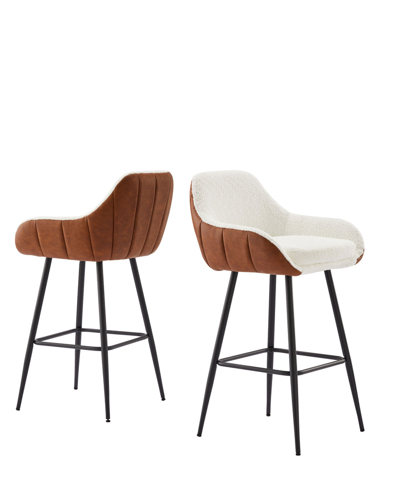 Modern Counter Height Bar Stools (Set of 2), Mid-Century Leather Upholstered Accent Arm Bar Stools, Leisure Side Chair With Metal Legs For Kitchen & Dining Room - Dark Brown / White