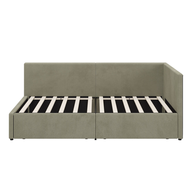 L-Shape Corner Bed, Corduroy Upholstered Daybed With 2 Storage Drawers And Vertical Striped Design