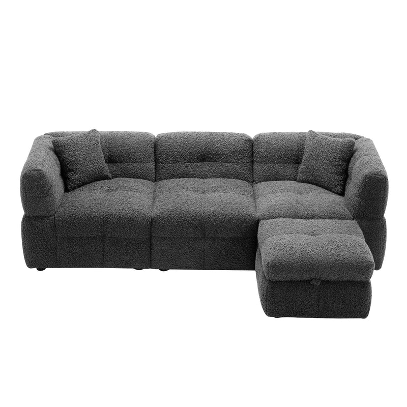 Sectional Sofa Cozy Teddy Fleece Sectional Sofa Couch With Two USB Ports A Movable Storage Ottoman And Two Lumbar Pillows For Living Room