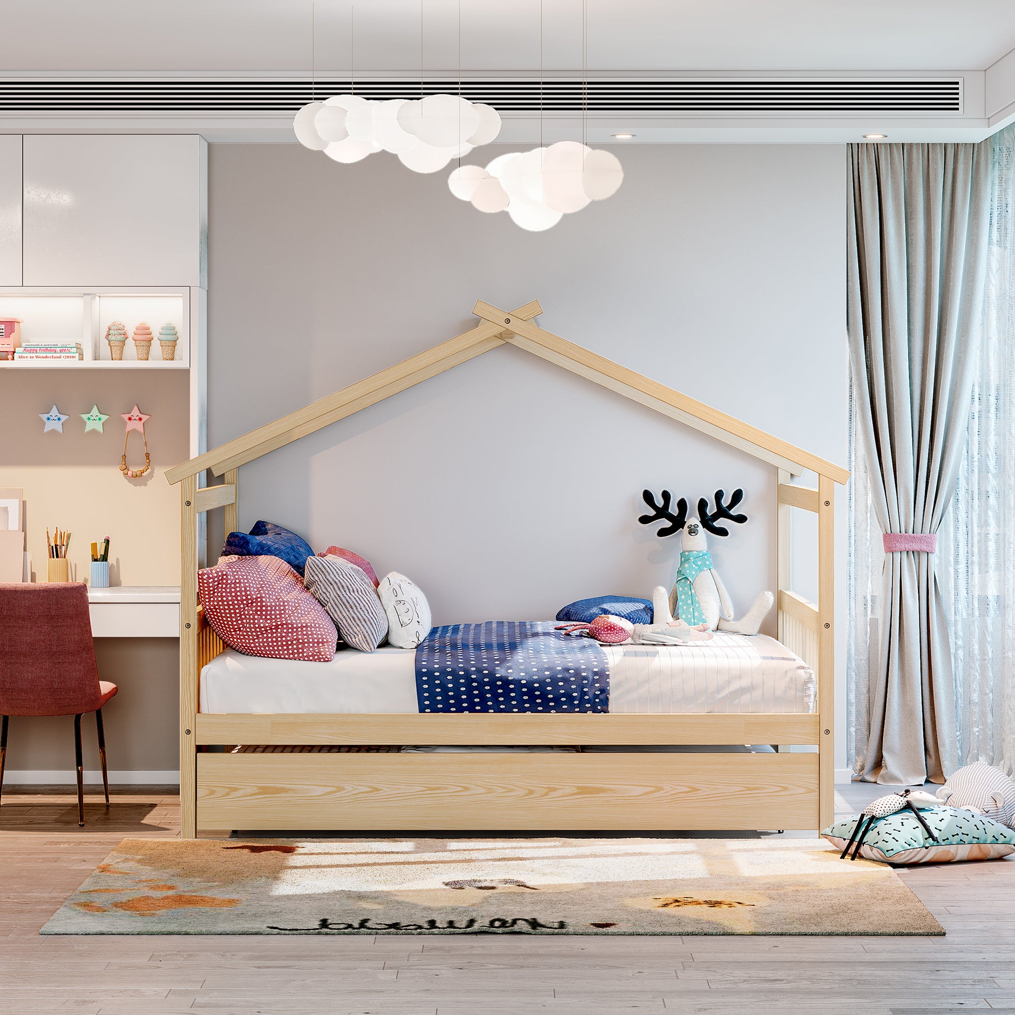 Full Size Wooden House Bed with Twin Size Trundle, Natural - Atlantic Fine Furniture Melbourne FL