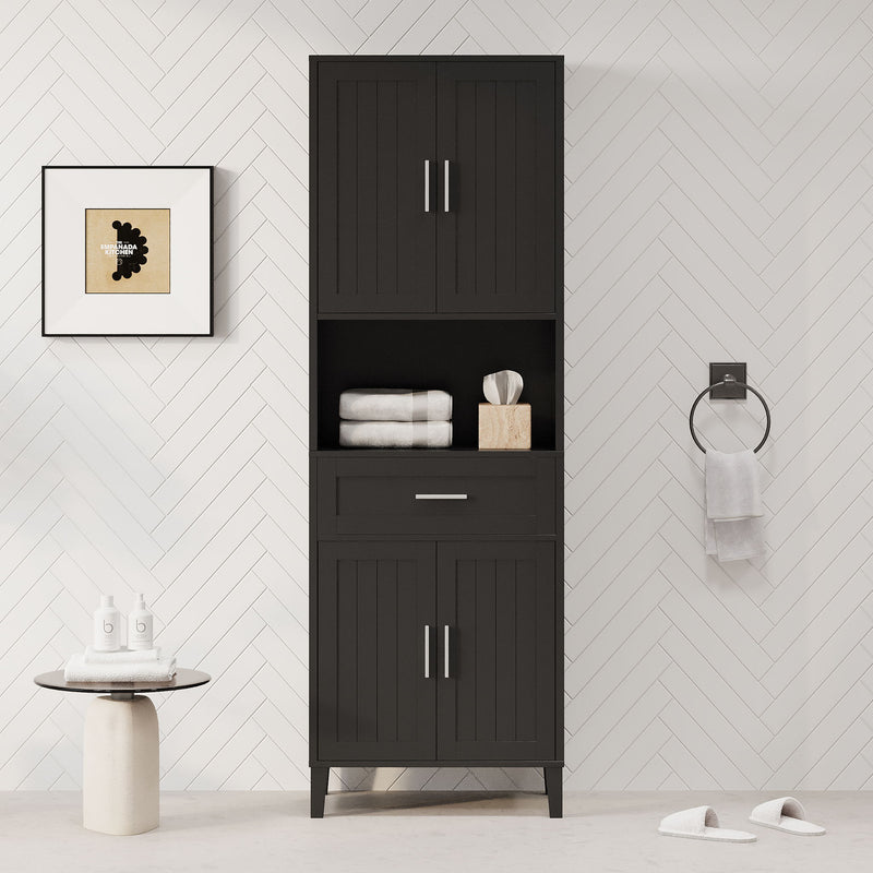 Freestanding Tall Bathroom Cabinet With Soft Close Doors And Adjustable Shelves - Black