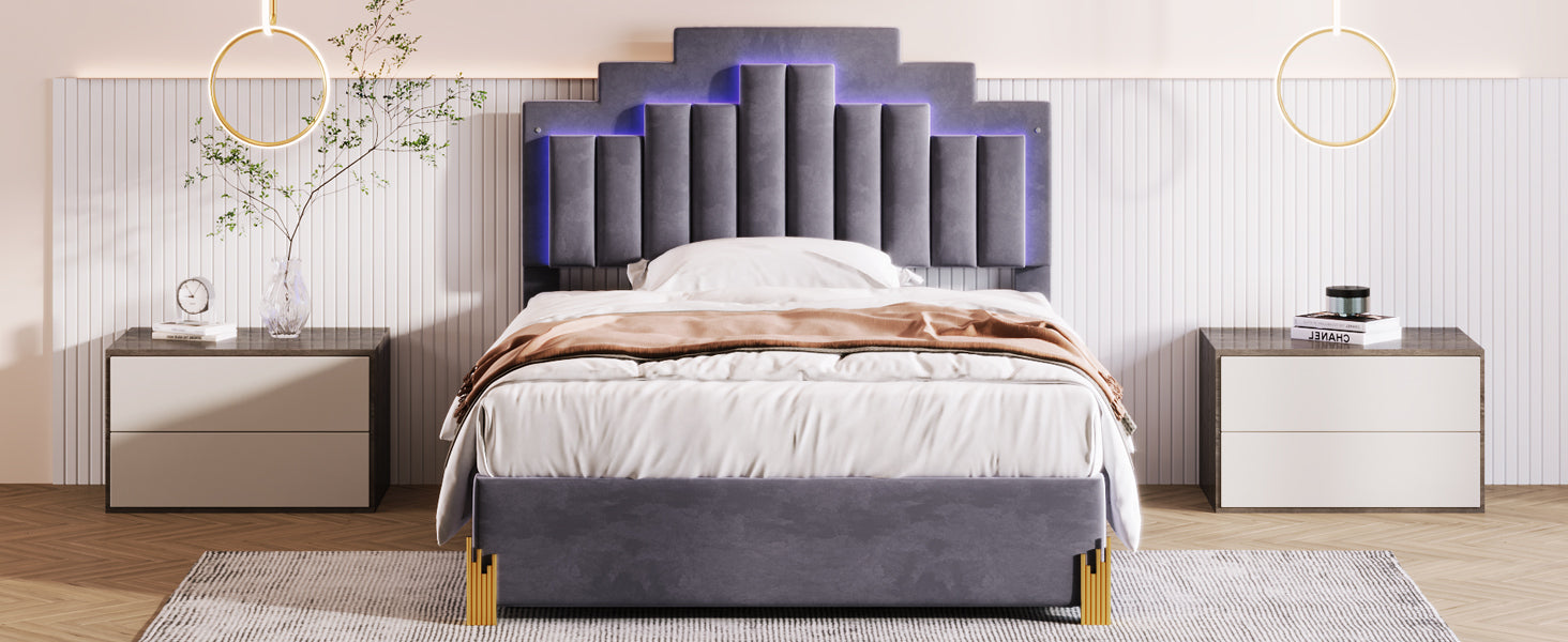Full Size Upholstered Platform Bed with LED Lights and 4 Drawers, Stylish Irregular Metal Bed Legs Design, Gray - Atlantic Fine Furniture Melbourne FL