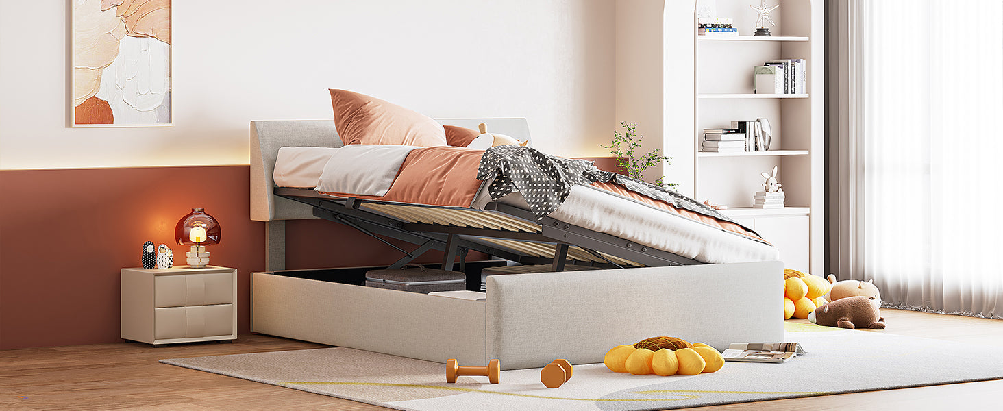 Queen Size Sleigh Bed with Side-Tilt Hydraulic Storage System, Linen Upholstery, Beige - Atlantic Fine Furniture Melbourne FL