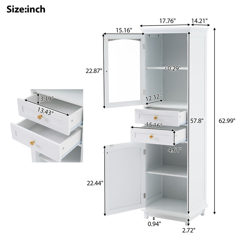 Tall Bathroom Storage Cabinet With Glass Doors, Free-Standing, Two Drawers, And Adjustable Shelves, MDF Board, Painted Perfect For Displaying Your Favorite Items