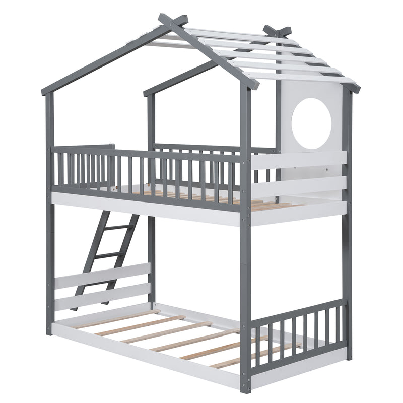 Twin Over Twin Bunk Bed Wood Bed with Roof, Window, Ladder,Gray(OLD SKU :LT100008AAE)