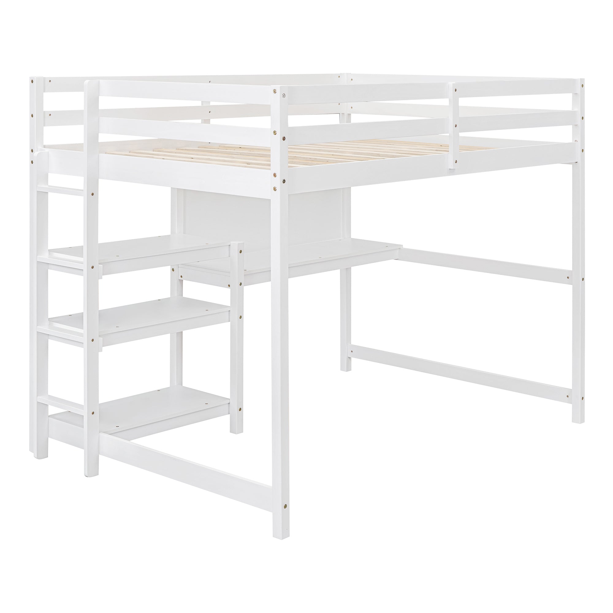 Full Size Wooden Loft Bed with Shelves, Desk and Writing Board - White