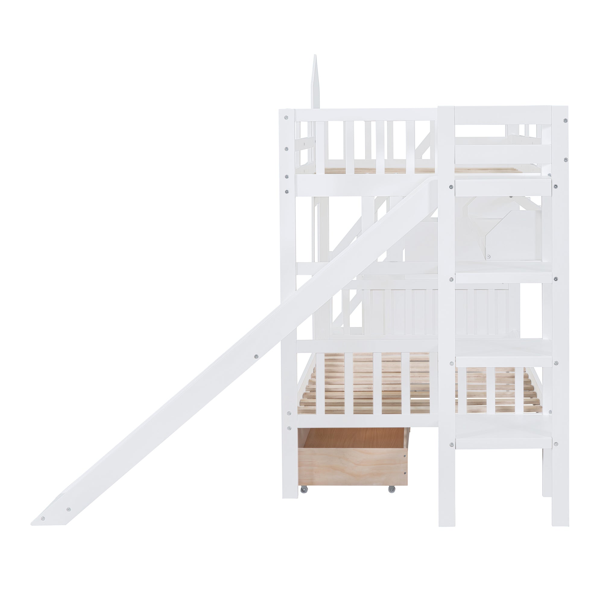 Twin-Over-Twin Castle Style Bunk Bed with 2 Drawers 3 Shelves and Slide - White - Atlantic Fine Furniture Melbourne FL