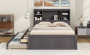 Full Size Platform Bed with Storage Headboard, Charging Station, Twin Size Trundle and 3 Drawers, Antique Brown
