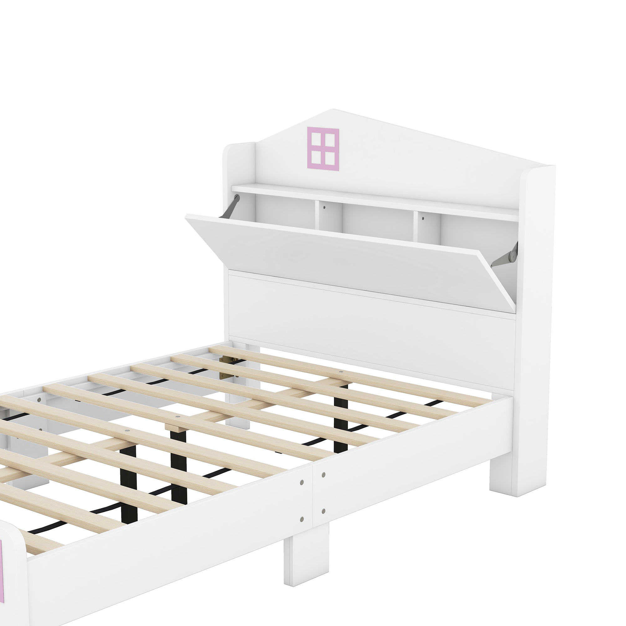 Wooden Twin Size House Bed with Storage Headboard ,Kids Bed with Storage Shelf, White - Atlantic Fine Furniture Melbourne FL