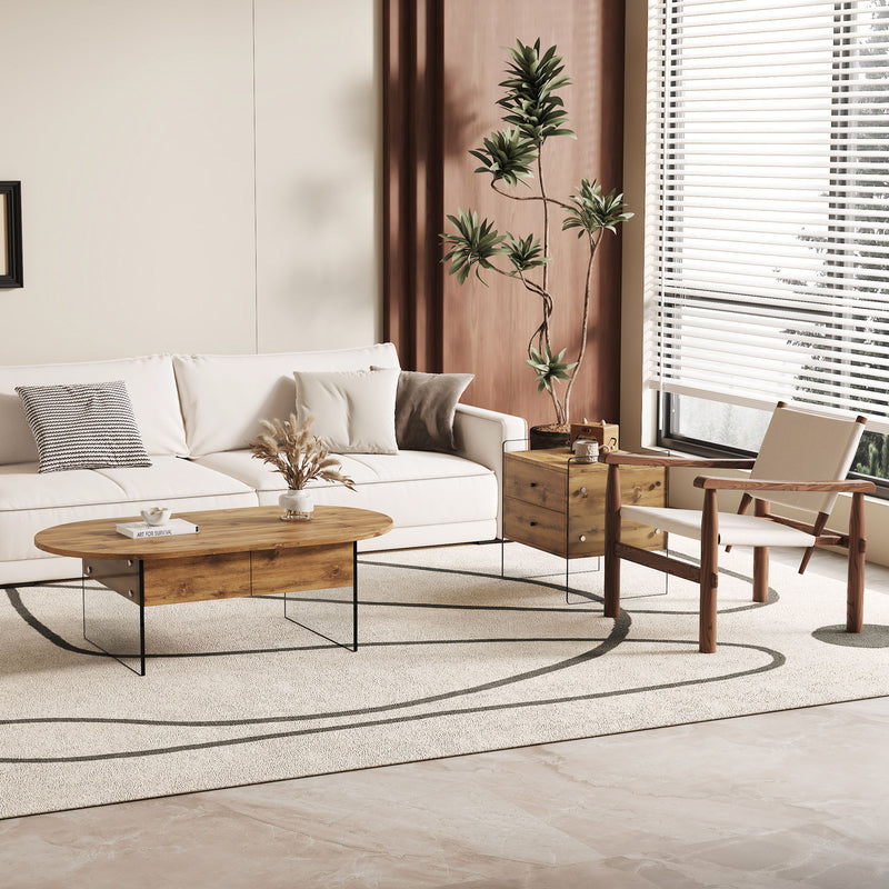 Elegant Coffee Table With Double Drawers And Transparent Glass Sides - Wood