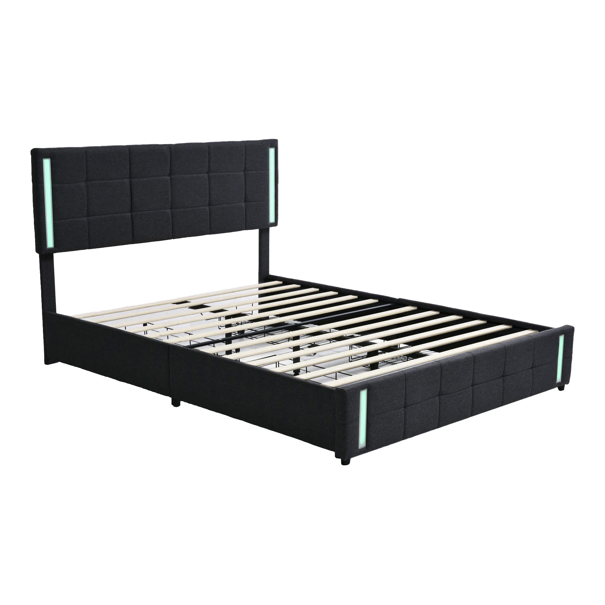 Queen Size Upholstered Platform Bed with LED Lights and USB Charging, Storage Bed with 4 Drawers, Gray(Linen) - Atlantic Fine Furniture Melbourne FL