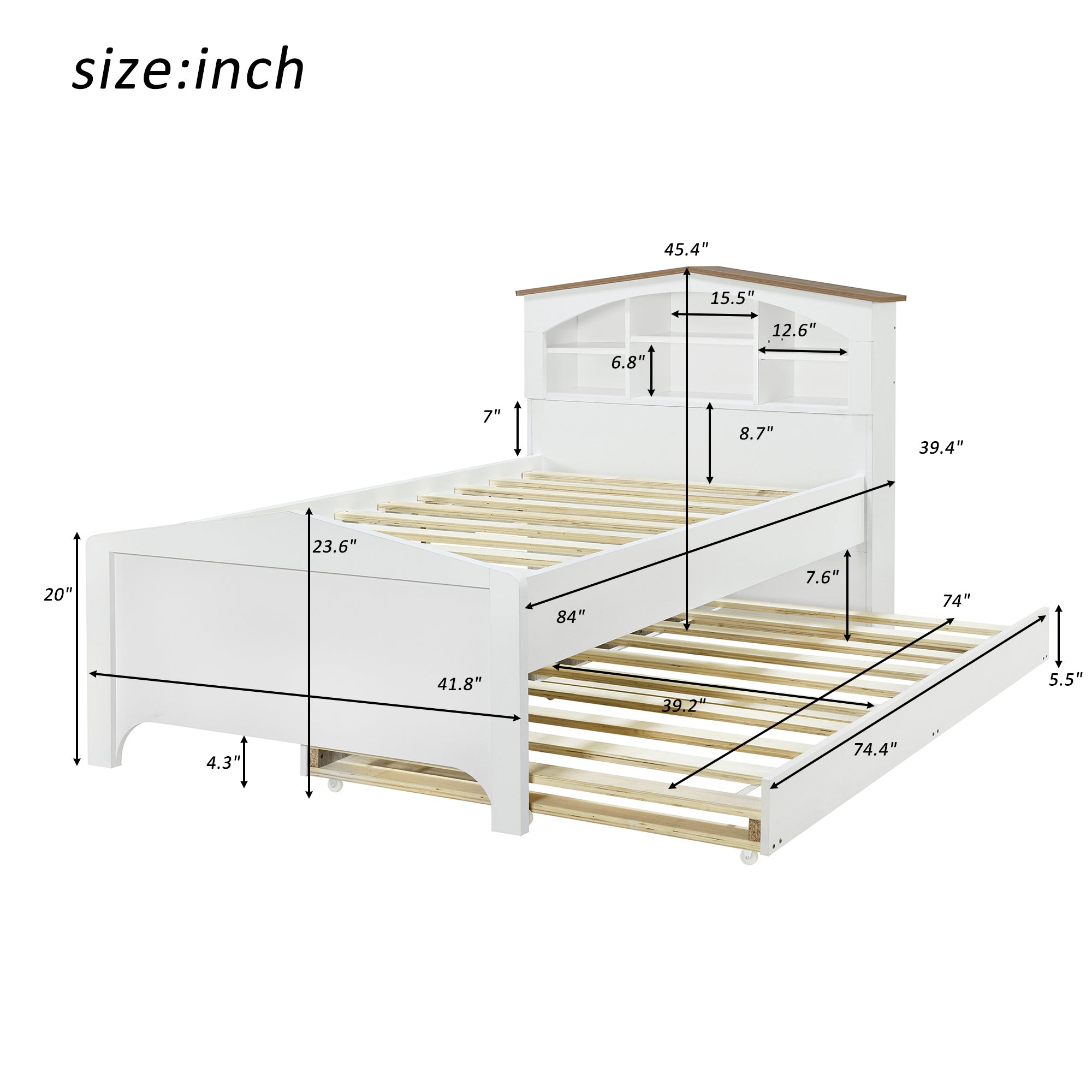 Twin Size Wood Platform Bed with House-shaped Storage Headboard and Trundle, White - Atlantic Fine Furniture Melbourne FL