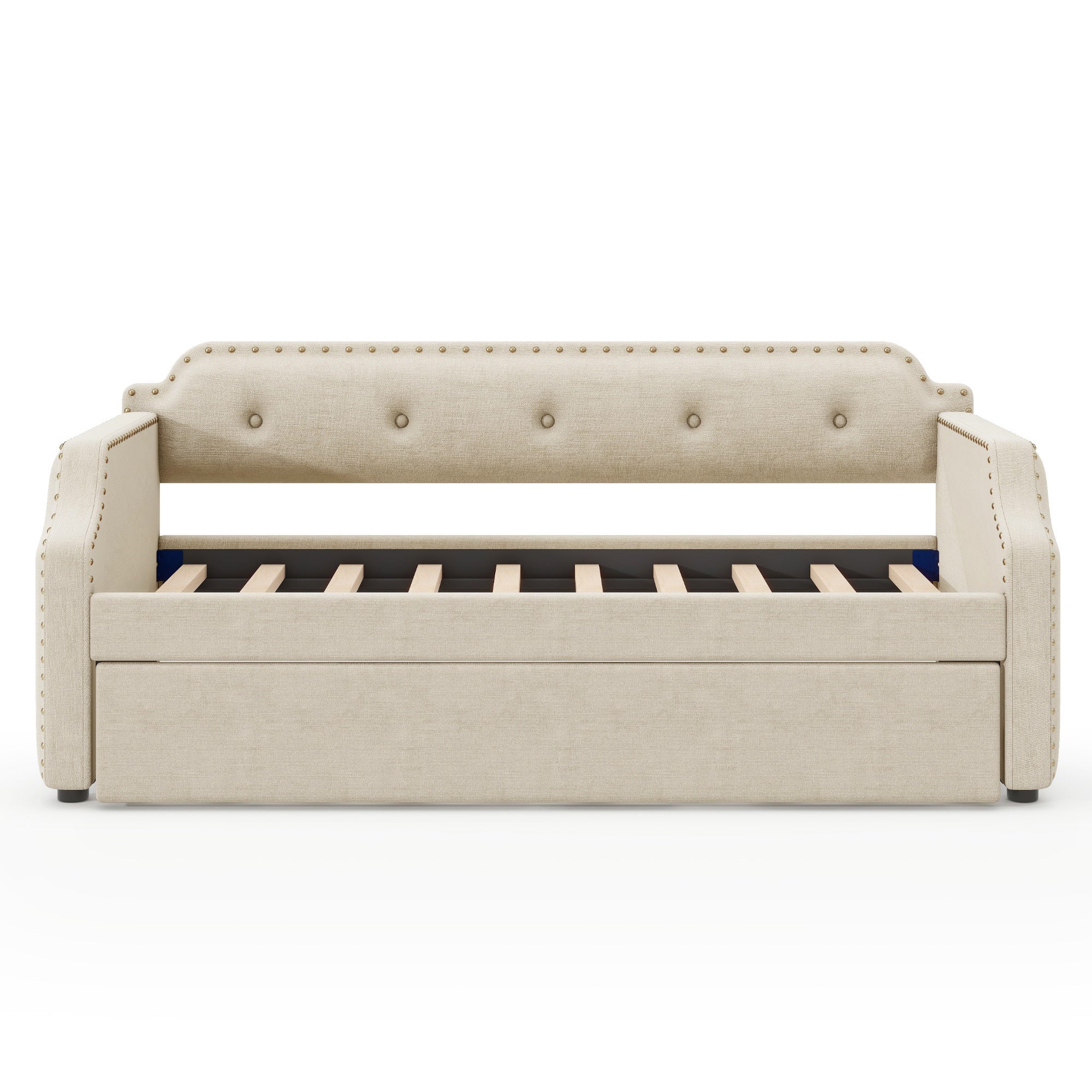 Upholstered Daybed with Trundle, Wood Slat Support,Upholstered Frame Sofa Bed, Twin, Beige - Atlantic Fine Furniture Melbourne FL