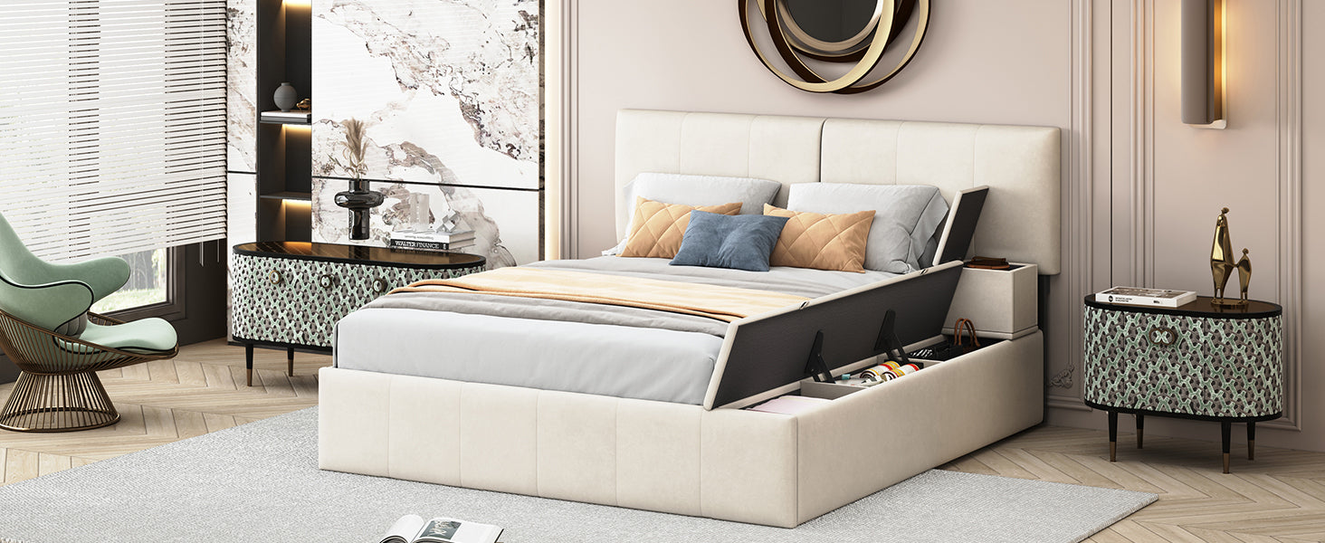 Queen Size Upholstered Platform Bed with Lateral Storage Compartments and Thick Fabric, Velvet, Beige - Atlantic Fine Furniture Melbourne FL