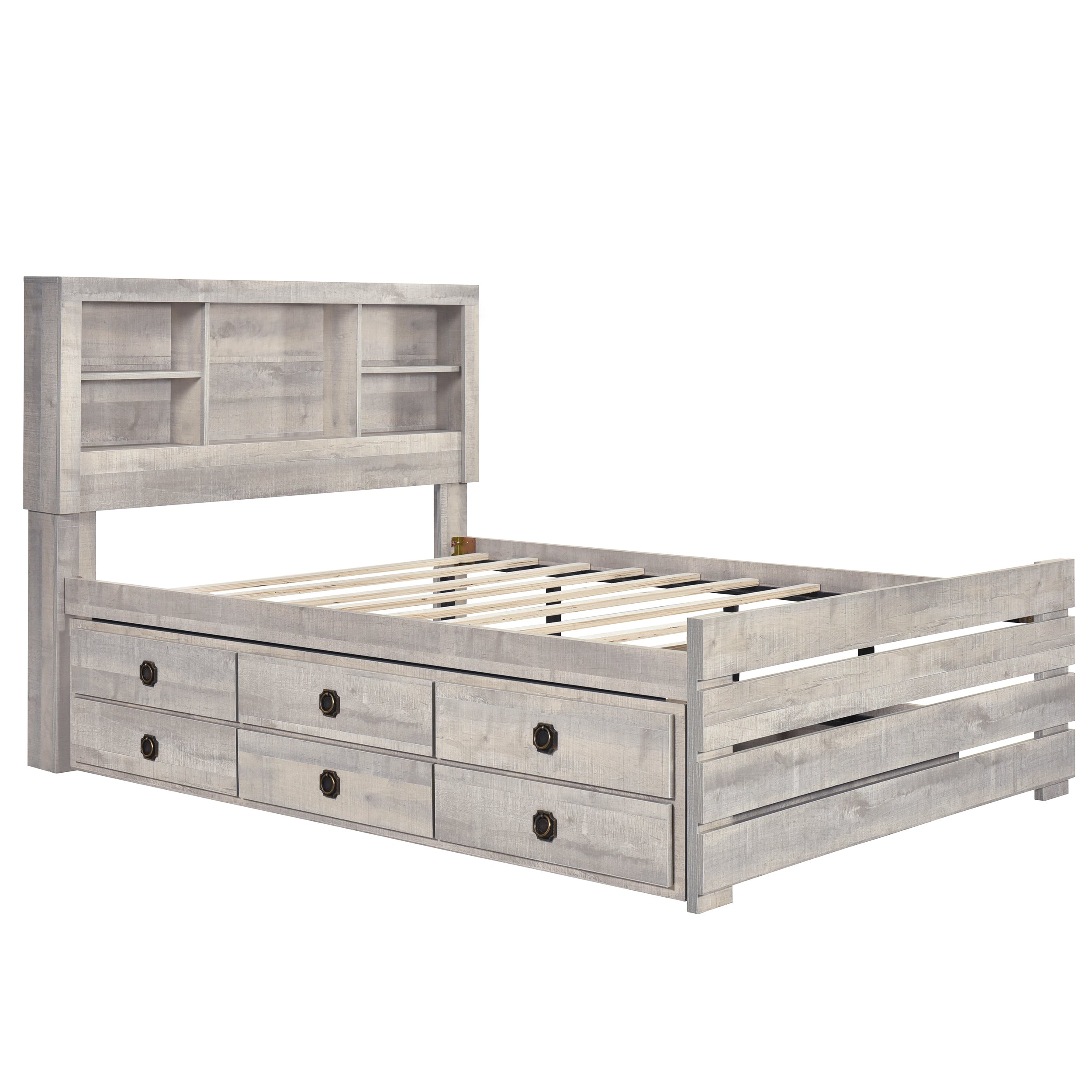 Farmhouse Style Full Size Bookcase Captain Bed with Three Drawers and Trundle, Rustic White - Atlantic Fine Furniture Melbourne FL