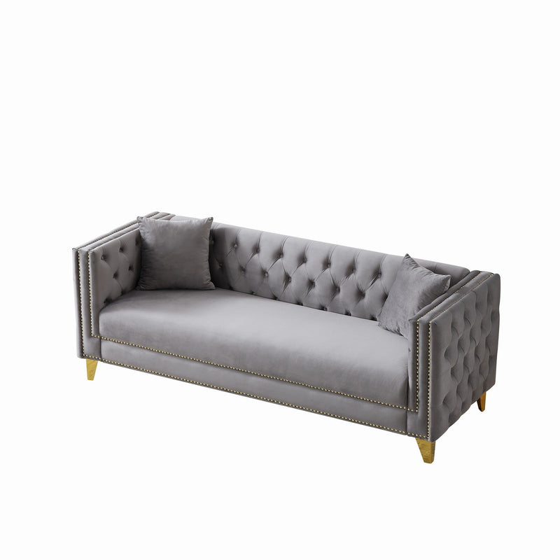 3 Seater Deep Seat Sofa, Sofa With Button Nailhead, Square Arm Couches, Furniture For Living Room - Gray
