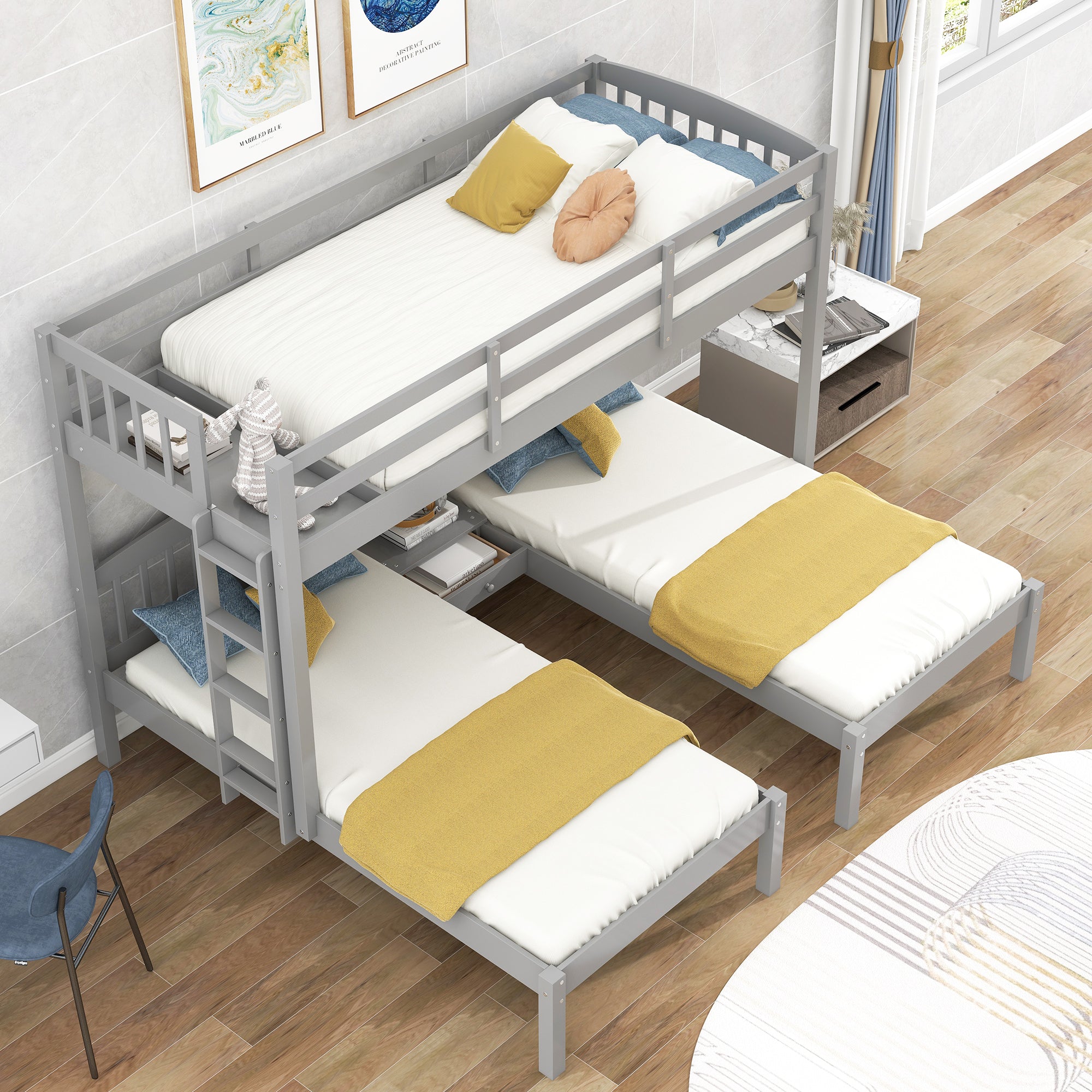 Twin over Twin & Twin Bunk Bed with Built-in Middle Drawer, Gray - Atlantic Fine Furniture Melbourne FL