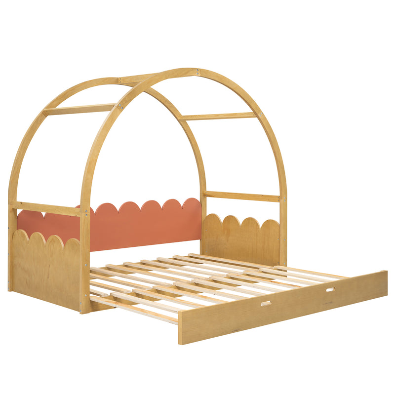 Twin size stretchable vaulted roof bed, children's bed pine wood frame, natural and orange