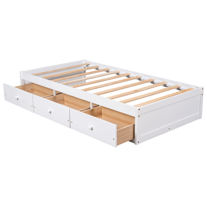 Twin Size Platform Storage Bed With 3 Drawers - White