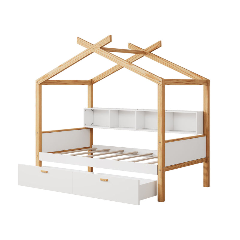 Wooden House Bed Original Wood Colored Frame With Bookshelf Storage Space