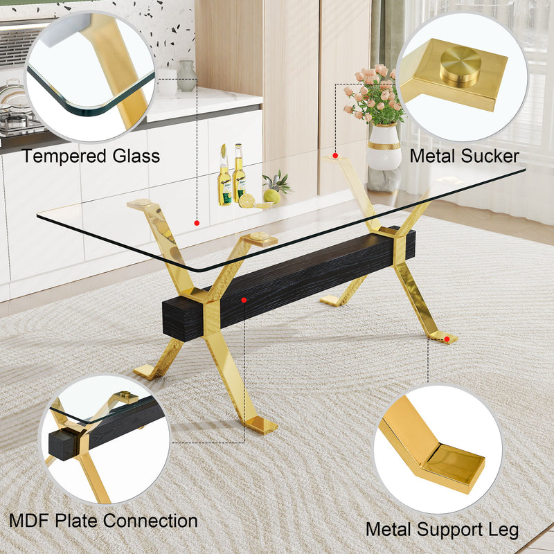 Modern Tempered Glass Dining Table With Metal Legs And Crossbars - Transparent