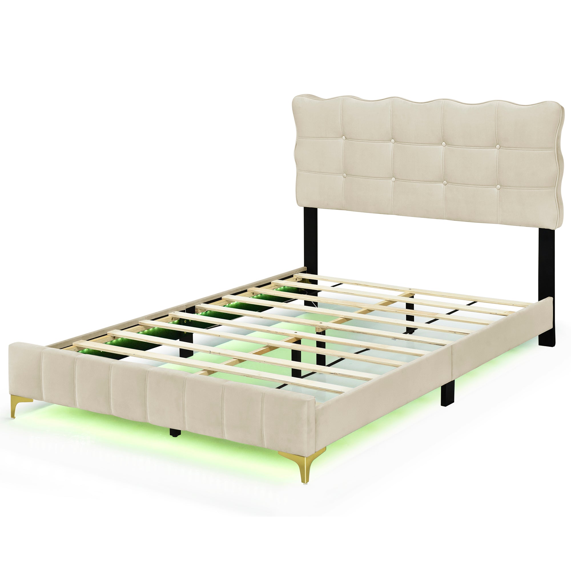 Full Size Velvet Platform Bed with LED Frame and Stylish Mental Bed Legs, Beige - Atlantic Fine Furniture Melbourne FL