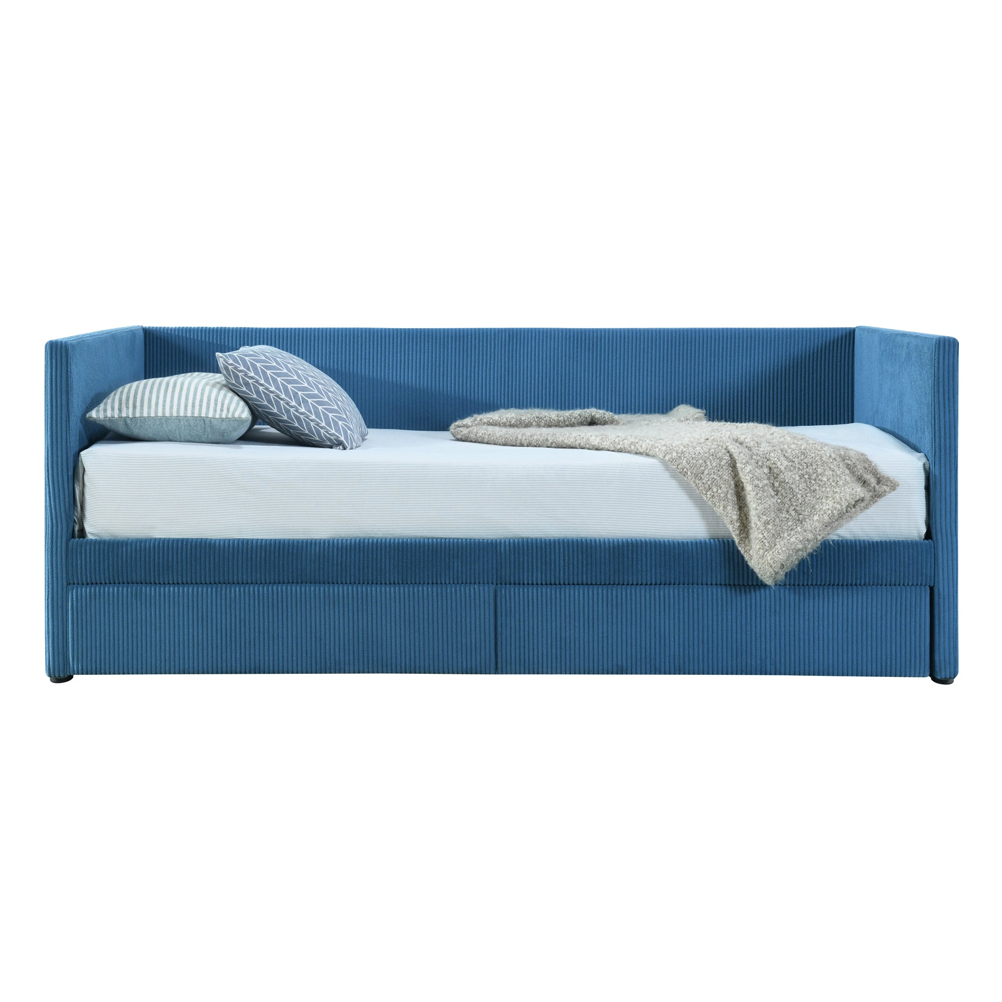 Twin Size Corduroy Daybed with Two Drawers and Wood Slat, Blue - Atlantic Fine Furniture Melbourne FL