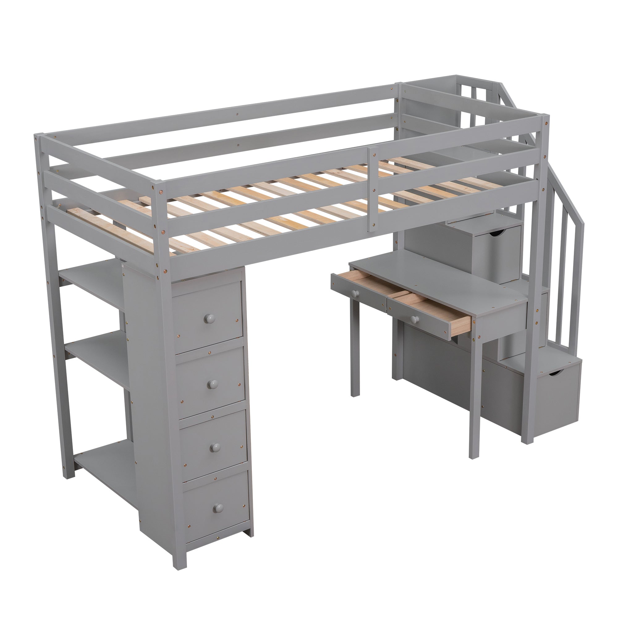 Twin size Loft Bed with Storage Drawers ,Desk and Stairs, Wooden Loft Bed with Shelves - Gray - Atlantic Fine Furniture Melbourne FL