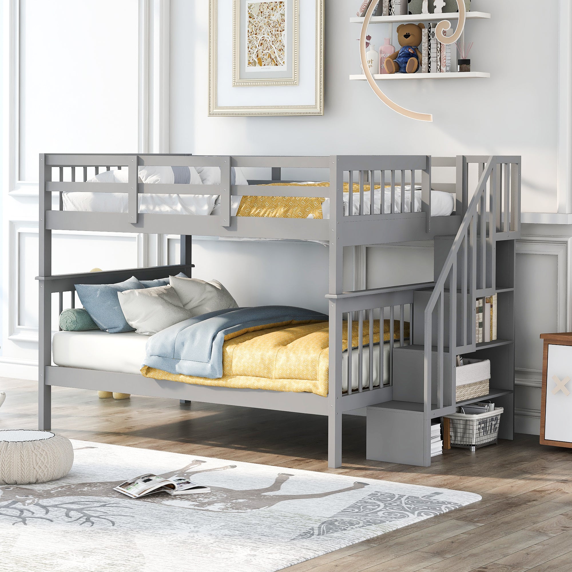 Stairway Full-Over-Full Bunk Bed with Storage and Guard Rail for Bedroom, Dorm, Gray(OLD SKU:LP000110AAE) - Atlantic Fine Furniture Melbourne FL