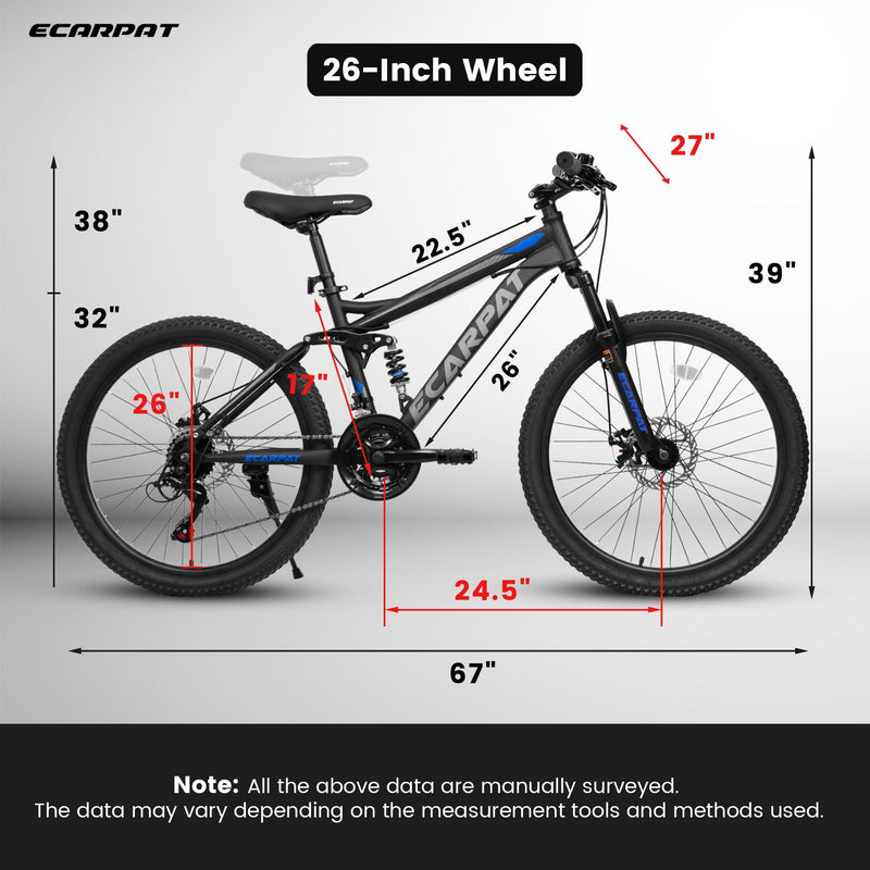 A2660 Mountain Bike 26" Wheels, 21 Speed Full Suspension Mens Womens Trail Commuter City Mountain Bike, Carbon Steel Frame Disc Brakes Thumb Shifter Front Fork Rear Shock Absorber Bicycles
