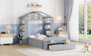 Twin Size House Bed with Bench, Socket and Shelves, Gray