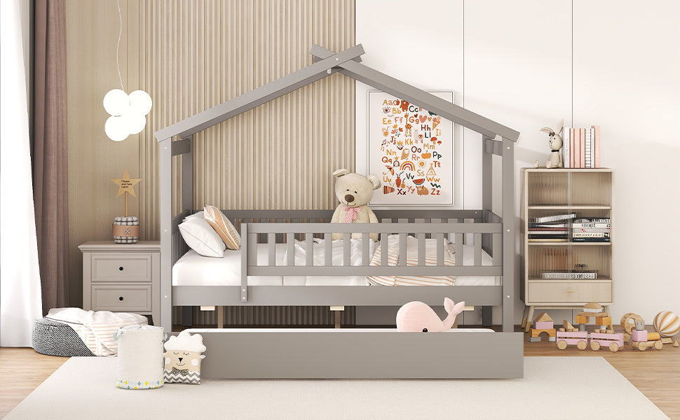 Full Size Wooden House Bed with Twin Size Trundle, Gray - Atlantic Fine Furniture Melbourne FL