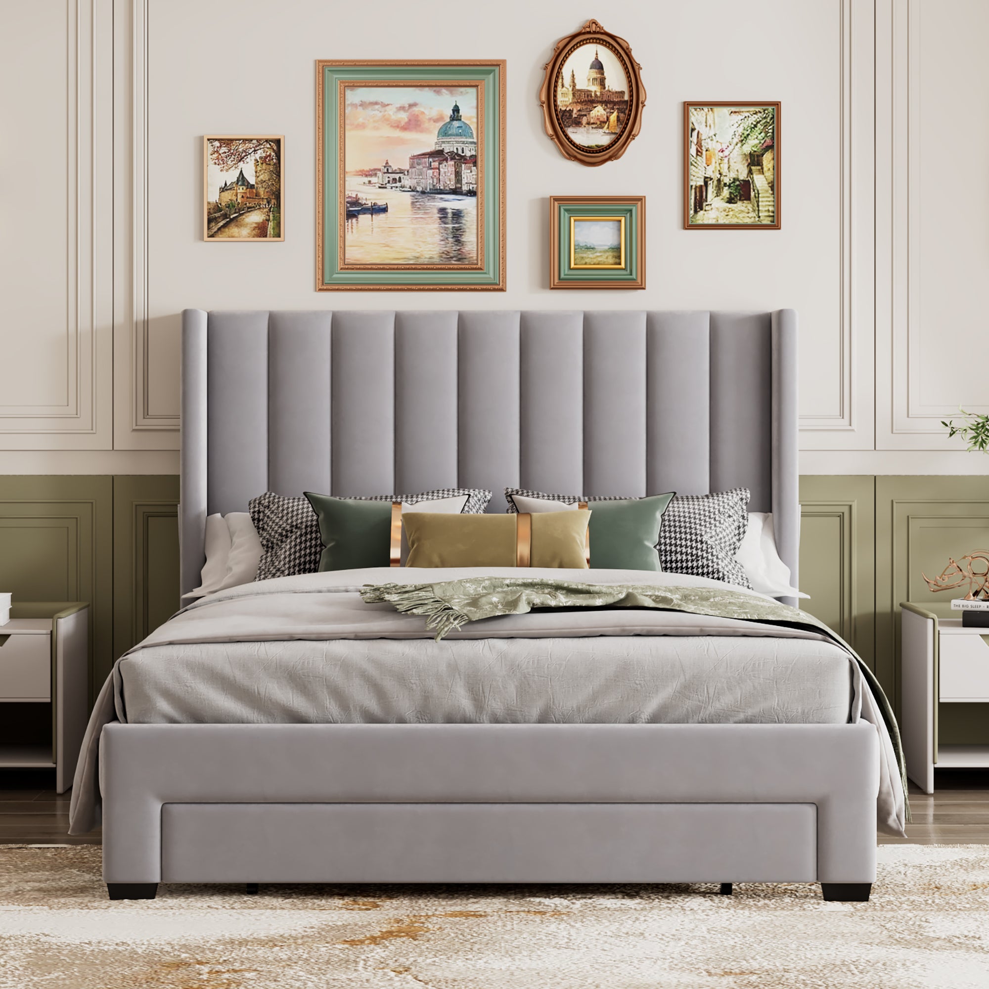 Queen Size Storage Bed Velvet Upholstered Platform Bed with a Big Drawer - Gray - Atlantic Fine Furniture Melbourne FL