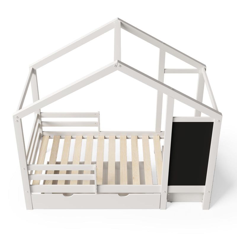 Twin House Bed With Blackboard And Drawers, 2 Assembly Options - White