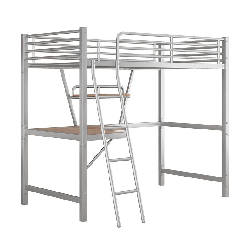 Twin Size Loft Metal&MDF Bed with Desk and Shelf, Silver (Old SKU:SM001105AAN-1)