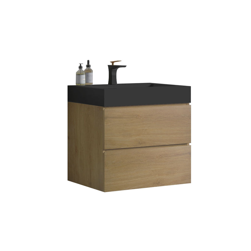 Alice - Natural Oak Bathroom Vanity With Sink, Large Storage Wall Mounted Floating Bathroom Vanity For Modern Bathroom, One-Piece Black Sink Basin Without Drain