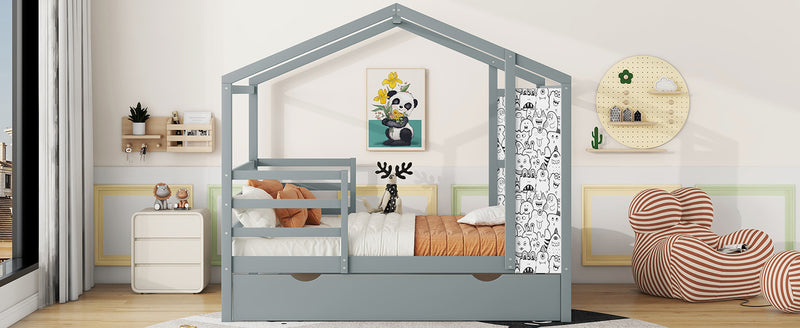 Full Size Wood House Bed with Fence and Writing Board, Gray