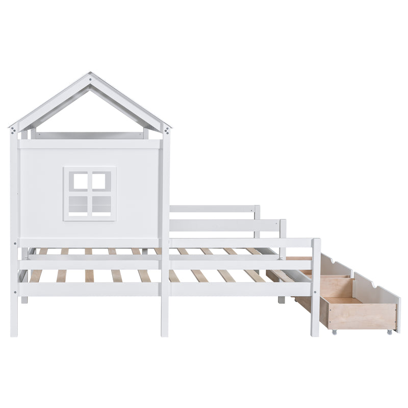 Twin Size House Platform Beds with Two Drawers for Boy and Girl Shared Beds, Combination of 2 Side by Side Twin Size Beds, White(old sku: GX000927AAK)