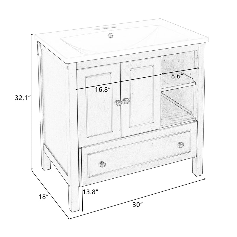 Bathroom Vanity With Sink, Bathroom Storage Cabinet With Doors And Drawers, Solid Wood Frame, Ceramic Sink