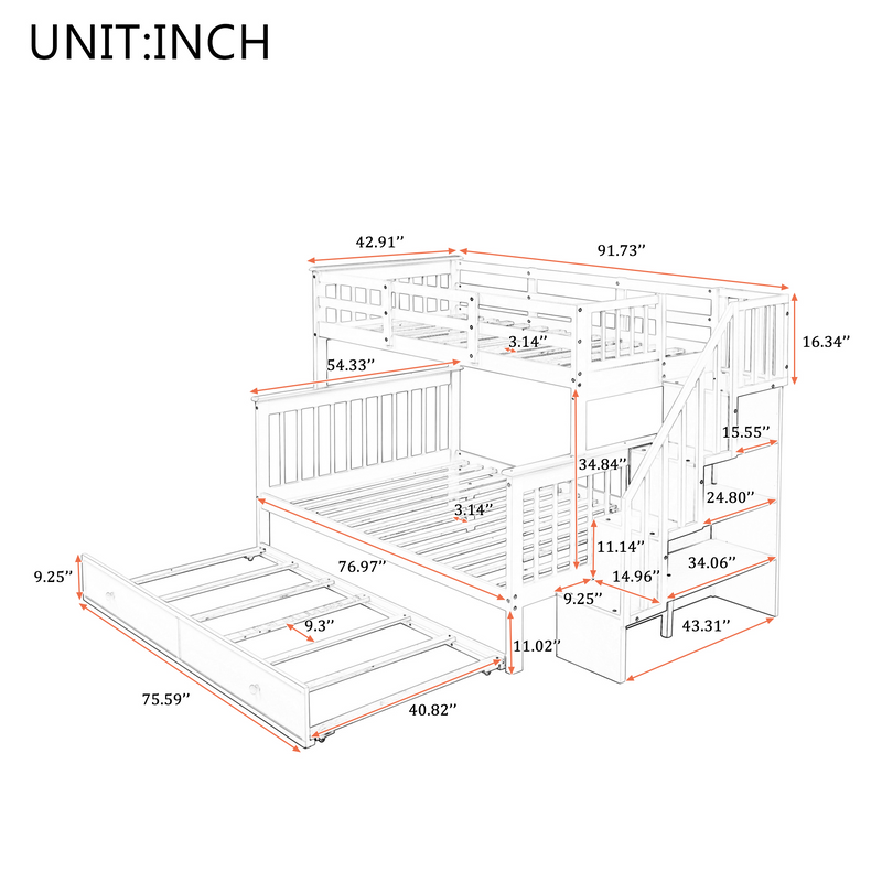 Twin-Over-Full Bunk Bed with Twin size Trundle, Storage and Guard Rail for Bedroom, Dorm, for Adults, Espresso(OLD SKU :LT000119AAP)