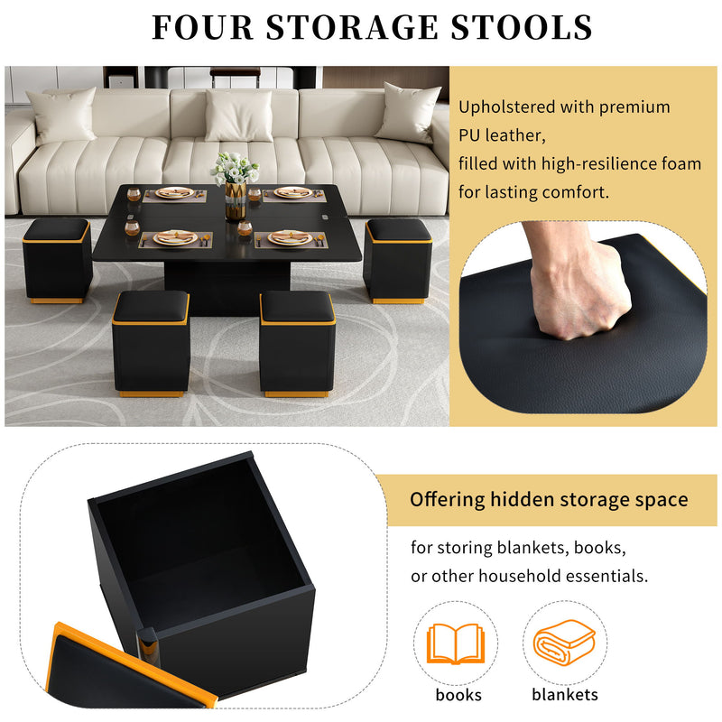 Multi Functional Adjustable Coffee Table With 4 Storage Stools