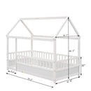 Twin Size Floor Wooden Bed with House Roof Frame, Fence Guardrails,White